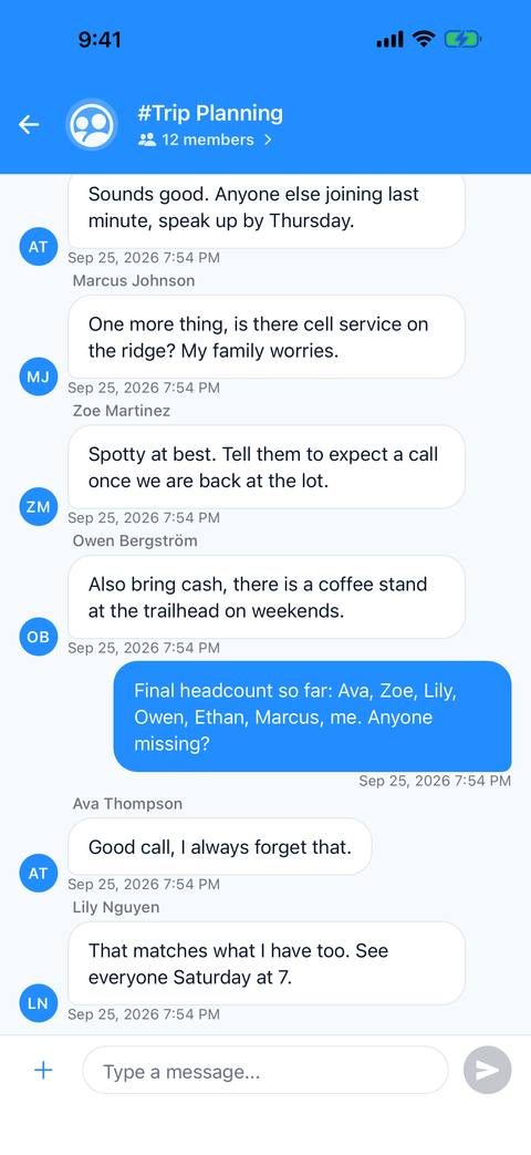 CliqWave channel chat coordinating plans and attendance