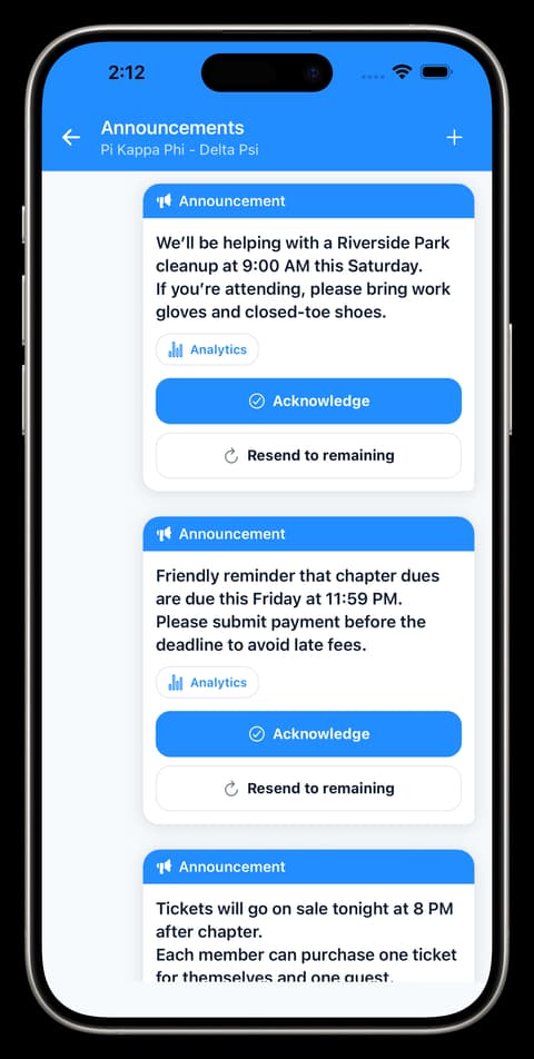 CliqWave chapter announcements with acknowledgment and resend controls