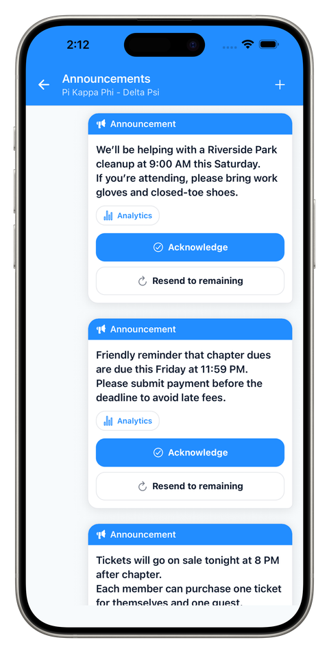 CliqWave chapter announcements with acknowledgment and resend controls