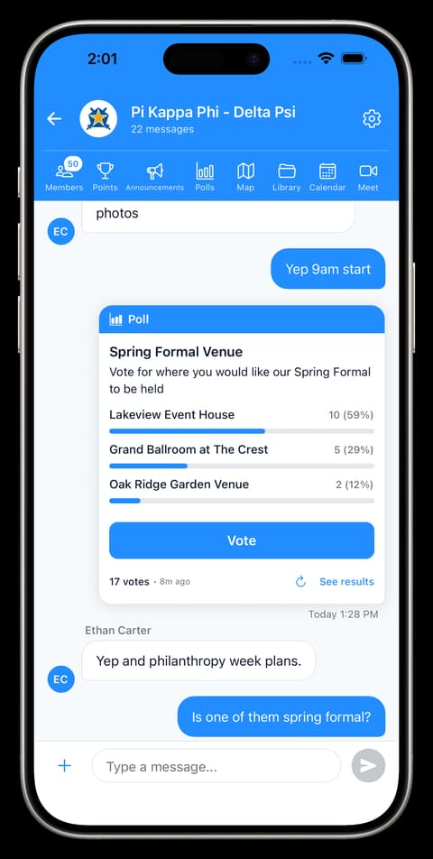 CliqWave chapter chat with a live Spring Formal venue poll