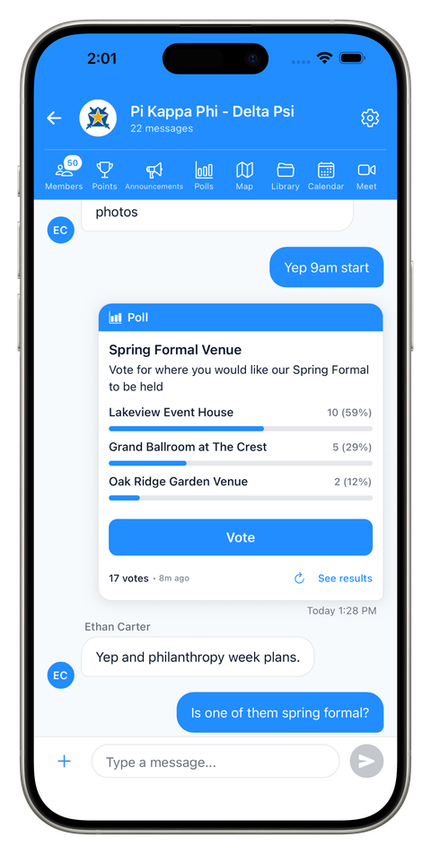 CliqWave chapter chat with a live Spring Formal venue poll