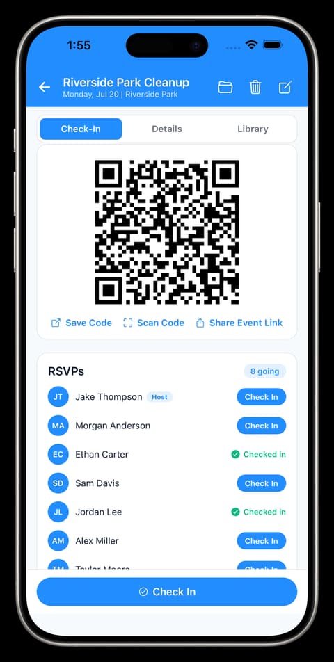CliqWave public event RSVP list with QR code check-in