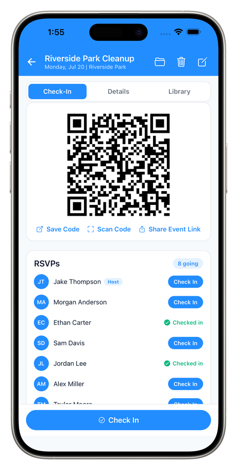 CliqWave public event RSVP list with QR code check-in